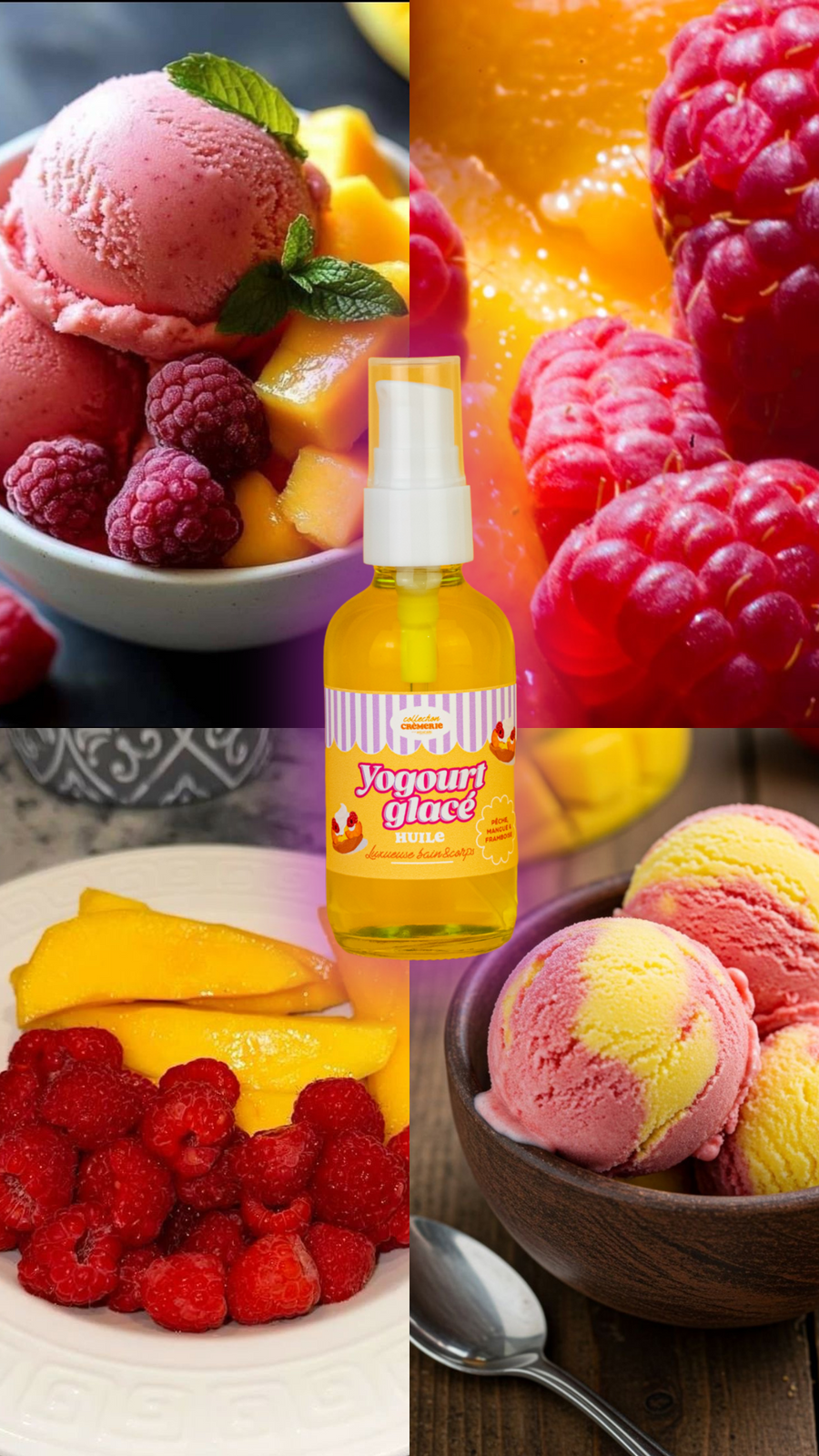 Huile luxueuse bain&corps  🍑🍓🥭🥄 Yogourt glaçé pêche, framboise & mangue