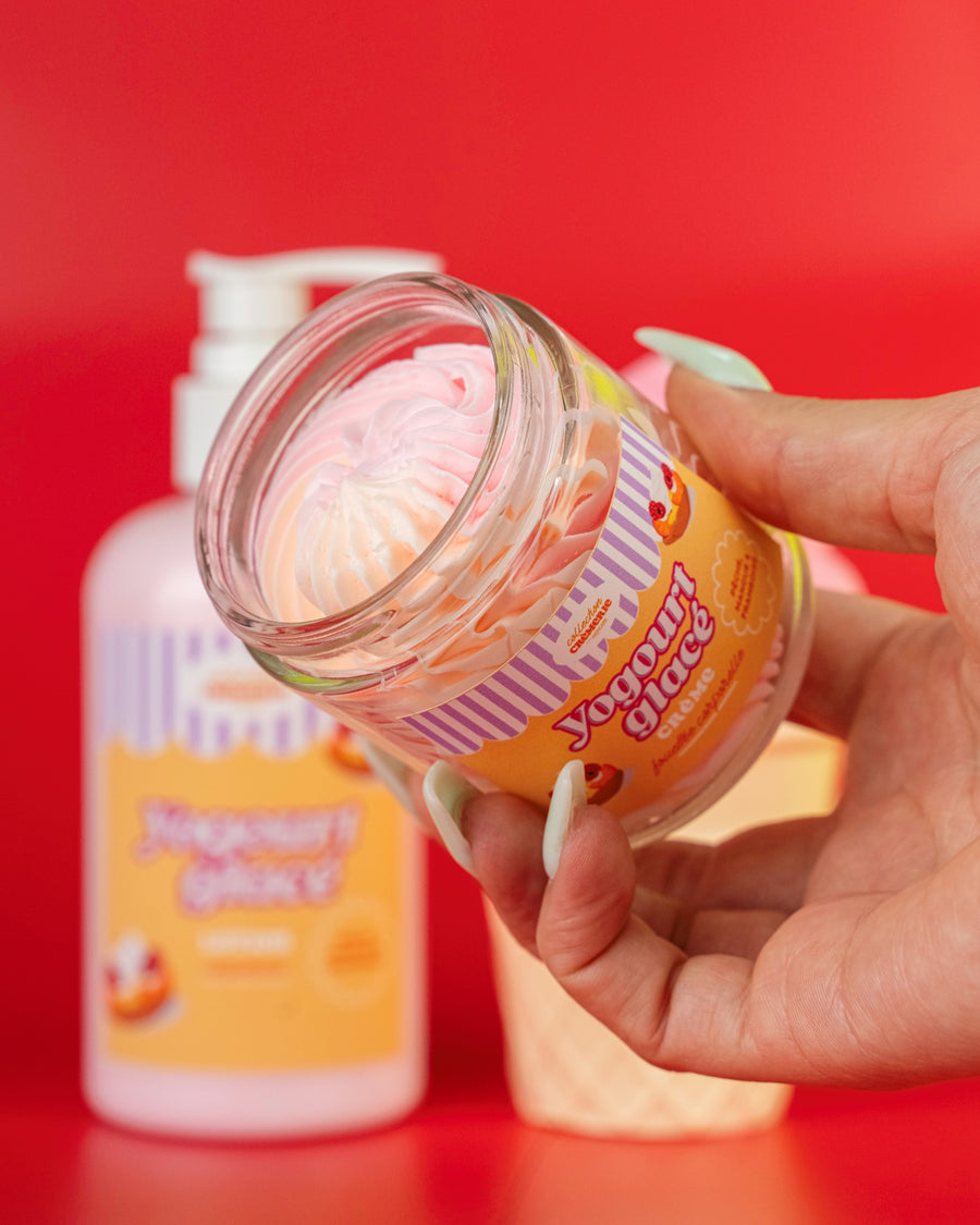 Crème fouettée corporelle 🍑🍓🥭🥄 Yogourt glaçé pêche, framboise & mangue