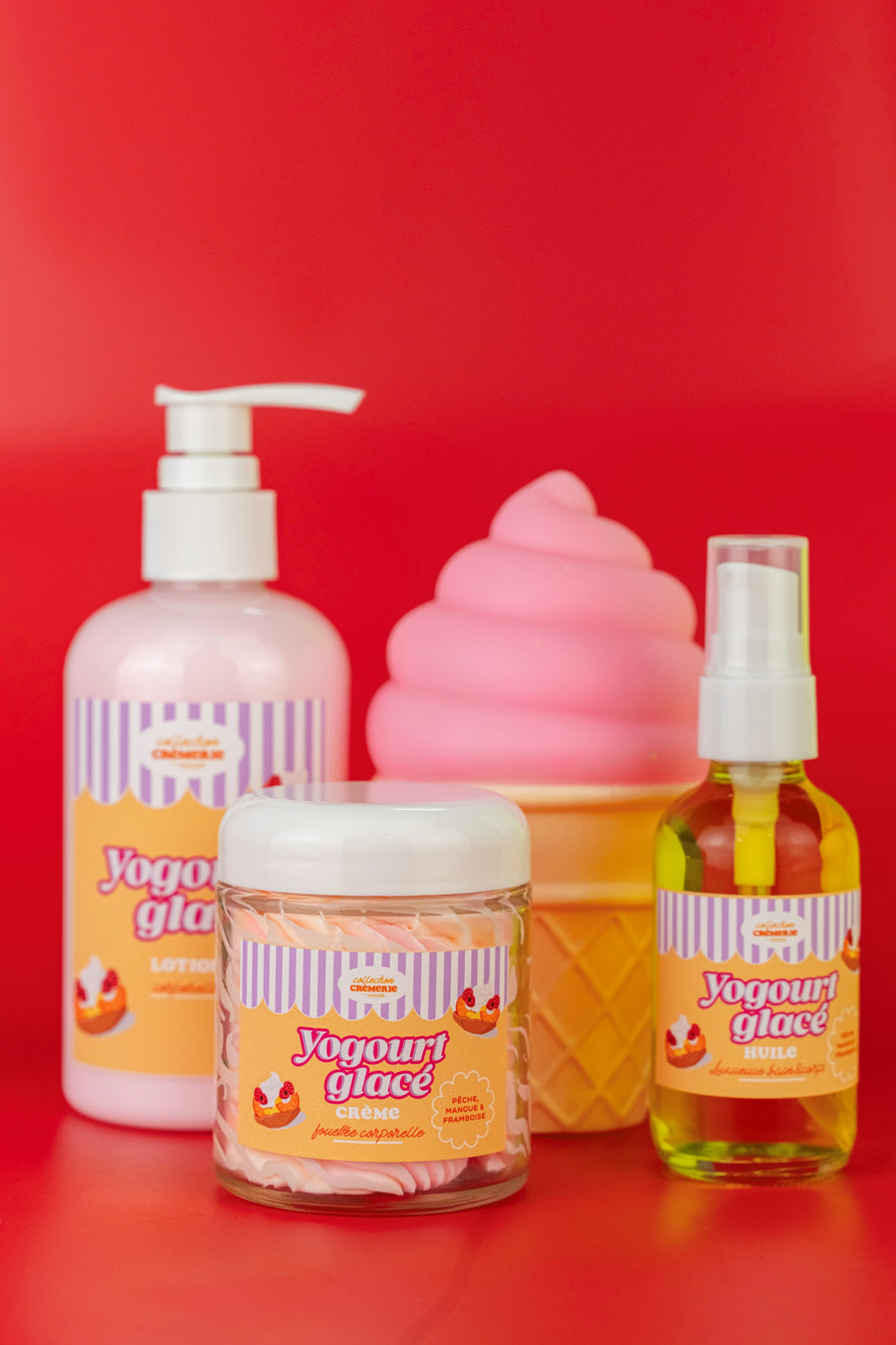 Lotion corporelle 🍑🍓🥭🥄 Yogourt glaçé pêche, framboise & mangue